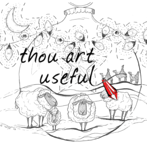 Original line sketch of Christmas theme with sheep, lights, wise men