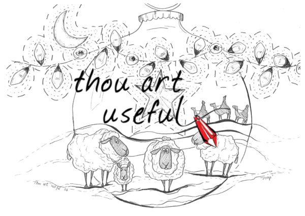 Original line sketch of Christmas theme with sheep, lights, wise men